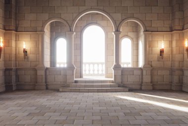 Meşaleler ve kemerlerle süslenmiş taştan yapılmış sinema tarzı antika lüks bir salon. Merdivenler dışarıdaki balkona çıkıyor. 3 Boyutlu resimleme.