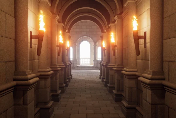 stock image Cinematic style an ancient ornate tunnel, the end of which is a hall made of stone decorated with torches and arched 3d render illustration