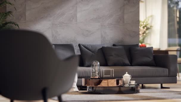灰色の大理石の壁3Dレンダリングが付いている現代様式のリビングルームのアニメーションのクローズアップの眺めは ソファーに灰色の生地の家具の焦点があります — ストック動画