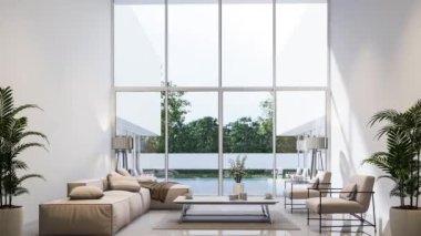 Yüzme havuzu terası olan, bej mobilyalarla süslenmiş, minimal tarzda modern beyaz oturma odasının içinde doğaya bakan geniş bir kapı ve pencere var..