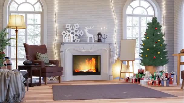 Animation Classical Style Living Room Decorate Christmas Tree Render Room — Stock Video
