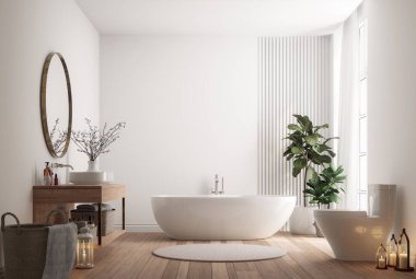 Minimum stil modern beyaz parlak banyo doğal ışık 3D çizim resimleme ahşap zemin ve lavabo tezgahı, mum ile süslenmiş altın yuvarlak ayna