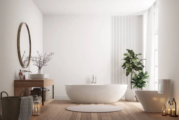 Minimal Style Modern Contemporary White Bright Bathroom Natural Light Render — Stock Photo, Image