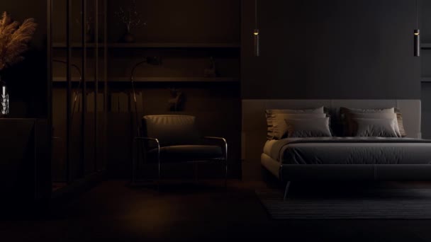 Animation Minimal Style Mysterious Charming Black Bedroom Interior Empty Wall — Stock Video