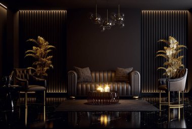 Luxury classical style elegancer black living room interior 3d render ,There are black marble floor black leather furniture ,decorated with golden plam tree clipart