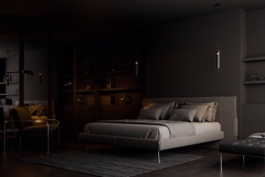 Modern style mysterious and charming black bedroom interior 3d render ,There are black wooden floor ,decorated with dark gray fabric and leather furniture clipart