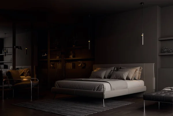 Modern style mysterious and charming black bedroom interior 3d render ,There are black wooden floor ,decorated with dark gray fabric and leather furniture