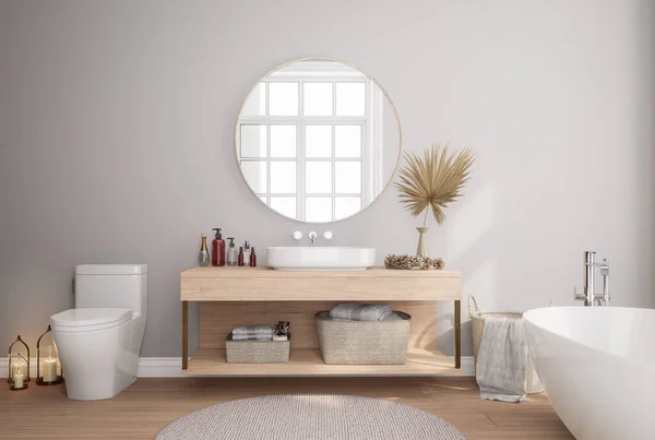 现代简约风格的灰墙浴室3D渲染图例有木制地板和水槽柜 装饰有干棕榈树 — 图库照片