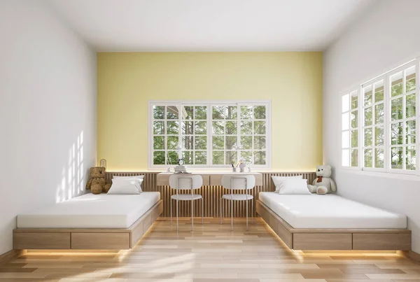 Modern contemporary kids double bedroom 3d render The walls are painted yellow, decorated with wooden furniture. There are white windows in the morning sunlight shining into the room
