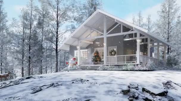 雅致的农舍外型动画与圣诞节和新年的概念3D 使房子在冬季的山上 白雪覆盖地面 白松树背景 — 图库视频影像