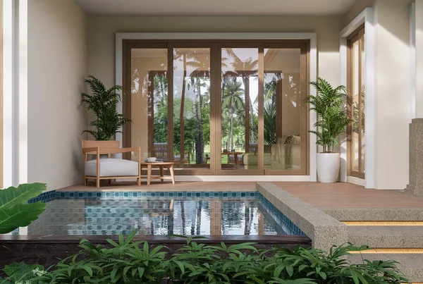 Modern contemporary swimming pool terrace 3d render. There are wooden door and window decorated with lush tropical tree.