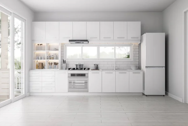 Modern style empty kitchen with white counter set background 3d render There are white wooden floor , white door and window overlooking nature outside.