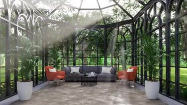 Modern klasik tarz şeffaf oturma odasının animasyonu. Doğa manzaralı iç mekan. Güneş ışınlarıyla döşenmiş cam duvarlar var..