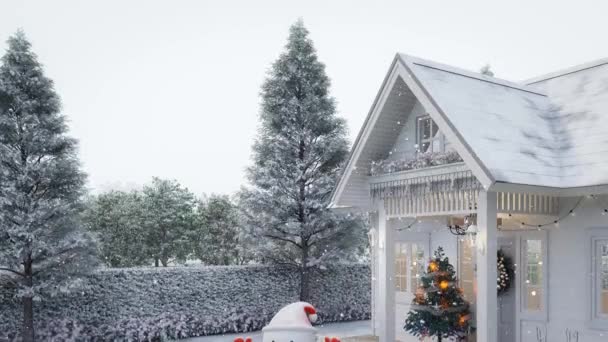 Κινούμενο Σχέδιο Μπροστά Από Μικροσκοπικό Σπίτι Είσοδο Βεράντα Χειμώνα Χριστούγεννα — Αρχείο Βίντεο