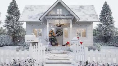 Noel ve Yeni Yıl konsepti ile kışın küçük ev girişinin animasyonu sevimli kardan adam, geyik heykeli ve Noel ağacı ile süslenmiş, kar yağıyor ve tüm zemini kaplıyor..