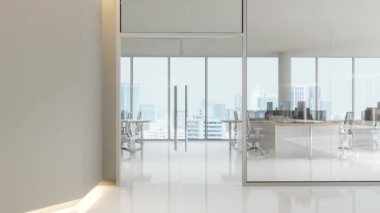 Minimum beyaz ofisin 3D animasyonu beyaz zemin, cam bölme duvarı beyaz tavan gizli sıcak aydınlatma, şehre bakan büyük pencereler