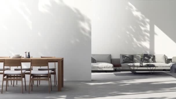 现代阁楼风格餐厅和客厅的3D动画有白色的油漆墙和用木制桌子装饰的混凝土地板 灰色的沙发阳光闪烁着进入房间的光芒 — 图库视频影像