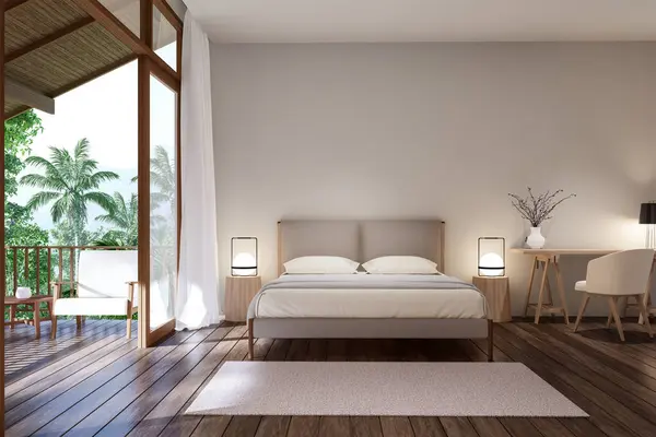 Modern contemporary bedroom open the to wooden terrace outside 3d render, The view from inside of the room overlooks the wooden eaves and mountain views