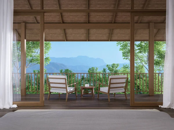 Modern contemporary bedroom overlooking wooden terrace and nature view 3d render, The view from the bed overlooks the wooden eaves and mountain views
