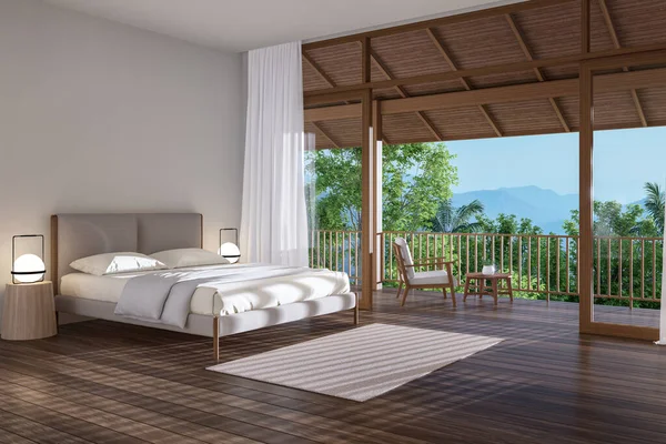 Modern contemporary bedroom overlooking wooden terrace and nature view 3d render, The view from inside of the room overlooks the wooden eaves and mountain views