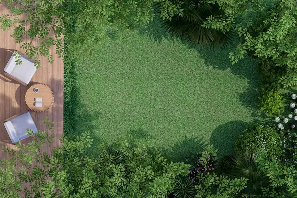 Top view wooden terrace with tropical style garden and empty green lawn for copy space 3d render