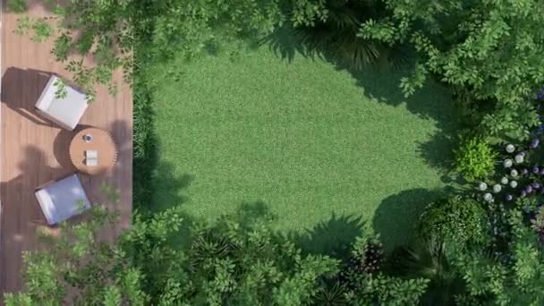 Animacja Góry Widok Drewniany Taras Tropikalnym Stylu Ogród Pusty Zielony — Wideo stockowe