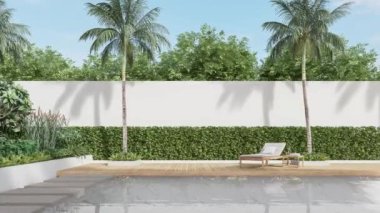 Modern çağdaş tarz yüzme havuzu terası 3D döşeme, ahşap zemin, yüzme havuzunda yeşil fayans ve doğayla çevrili boş beyaz duvar animasyonları..