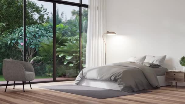 アニメーション トロピカルスタイルの庭園ビュー3Dレンダリング 客室には木製の床があり 灰色の布のベッドで飾られています 大きなスライドドドアがあり 木製のテラスと緑の庭を見渡すことができます — ストック動画