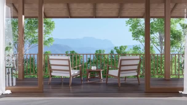 Animación Dormitorio Contemporáneo Moderno Con Vistas Terraza Madera Vista Naturaleza — Vídeo de stock