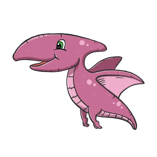 Draw a picture of a dinosaur, a cute pink pterosaur, a winged predator that can fly. Hand drawn on white background with clipping path.