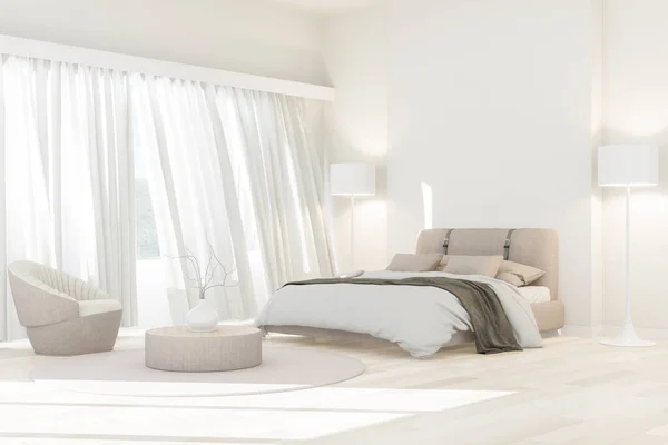 Modern bedroom decorated in a minimalist style with an all white 3D render. The morning sunlight entered the room and the wind blew at the curtains.