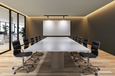 Modern contemporary meeting room interior with empty white board 3d render, There are wooden floor decorated white hidden light overlooking office space behind