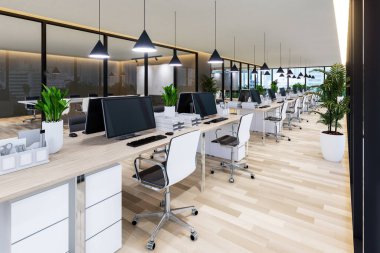 Modern contemporary office interior 3d render, There are wooden floor furnished with white chair and wooden table overlooking meeting room behind