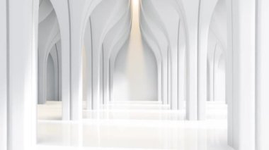 Modern lüks beyaz salonun animasyonu soyut iç mekan konsepti 3D render, kurşun şeritli ışık desenli düz şekil sütun deseni var.