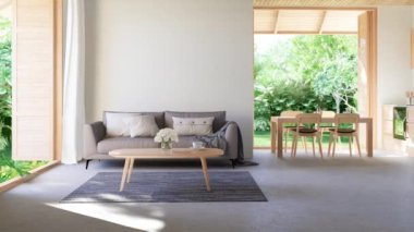 Modern çağdaş çatı katı tarzı oturma ve yemek odasının animasyonu. Tropikal bahçe manzaralı. 3 boyutlu, beton zemin ve beyaz duvarlı, taze yeşil doğayı görmek için ahşap kapılar..