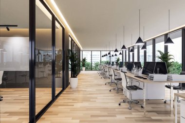 Şehir manzaralı modern ofis iç mimarisi, beyaz sandalye ve ahşap masa ile döşenmiş ahşap zemin var şehir manzarasına bakan büyük pencereler.