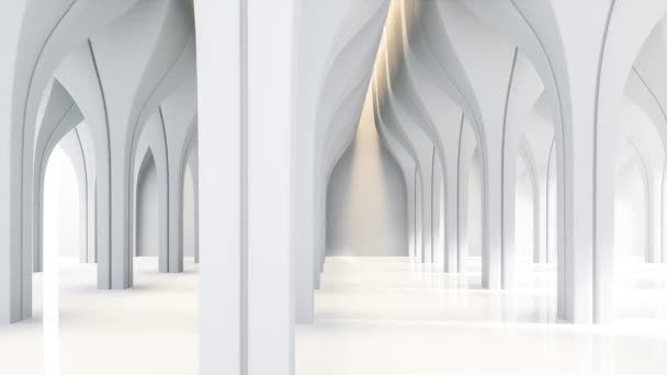 现代豪华白色大厅的动漫抽象空间概念3D渲染 有光滑的柱状图案装饰有带光条纹 — 图库视频影像