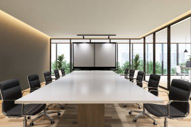 Modern çağdaş toplantı odası içi boş beyaz tahta 3D döşeme, siyah sandalye döşeli ahşap zemin ve doğaya ve şehir manzarasına bakan parlak beyaz masa
