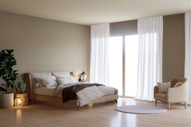 Çağdaş yatak odası saksı bitkileriyle dekore edilmiş, odaların ahşap zeminleri ve boş gri duvarları var.