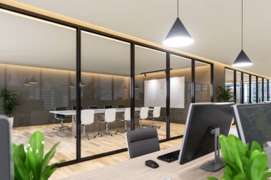 Modern çağdaş toplantı odası iç mimarisi, çalışma masasından dışarıdaki çalışma masasının manzarası, gizli ışık desenleriyle süslenmiş ahşap zemin