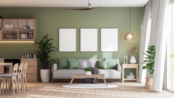 現代居心地の良い緑の壁リビングとダイニングルーム3Dレンダリングのアニメーション 部屋は部屋に大きな窓の自然光で装飾された木製の床を持っています — ストック動画