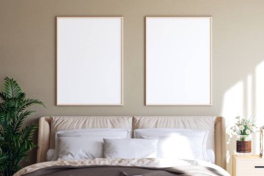 Açık kahverengi duvardaki fotokopi alanı için boş çerçeve modern tarz 3D çerçeveli, odayı bitkiler ve çiçeklerle süsleyin. Sabah güneşi odayı aydınlatıyor..