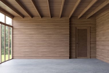 Modern çağdaş çatı katı tarzı boş ahşap oda 3D döşeme, tahta duvar, beton zemin, doğaya bakan geniş pencere.