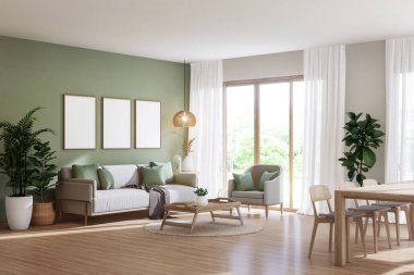 Modern konforlu yeşil duvarlı oturma ve yemek odası 3D, odaların ahşap zeminleri var saksı bitkileriyle süslenmiş geniş pencereli natureview manzaralı