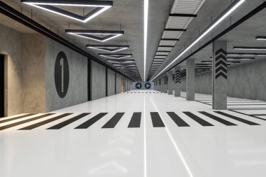 Modern indurtrial tavan arası tarzı kapalı otopark beton duvarlı 3D rendelenmiş, beyaz parlak zemin var siyah grafik elementi ve neon ışıklı