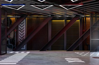 Modern stil endüstriyel tavan arası, arka plan için neon ışığı olan boş fütüristik oda, siyah metal tasarım elementi olan beton zemin dekore edilmiş oda..