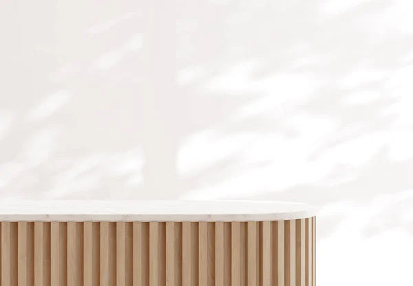 Minimal style luxury podium with wooden slats and white marble top on white wall with tree shadow background for product presentation 3d render illustration.