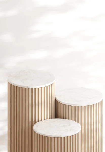 Minimal style isometric view luxury cylinder podium with wooden slats and white marble top on white wall with tree shadow background for product presentation 3d render illustration.