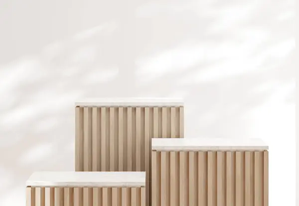 Minimal style luxury box podium with wooden slats and white marble top on white wall with tree shadow background for product presentation 3d render illustration.
