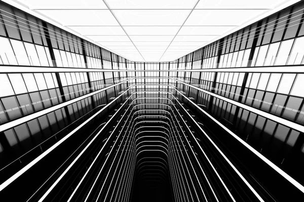 Fütürist modern stile sahip soyut arka plan, siyah-beyaz salon iç mimarisi, her katta beyaz neon ışıklarla süslenmiş ve tavan penceresi var..